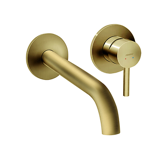 Złota, podtynkowa bateria umywalkowa Ferro Ciriculus z zakrzywioną wylewką i cylindrycznym uchwytem.